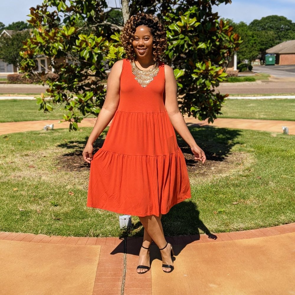Copper Orange Sleeveless Tiered Midi Dress